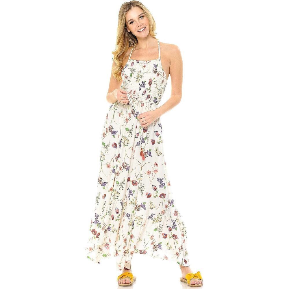 Love Stitch Women's Cream Floral High Neck Open Back Dress Size M/L